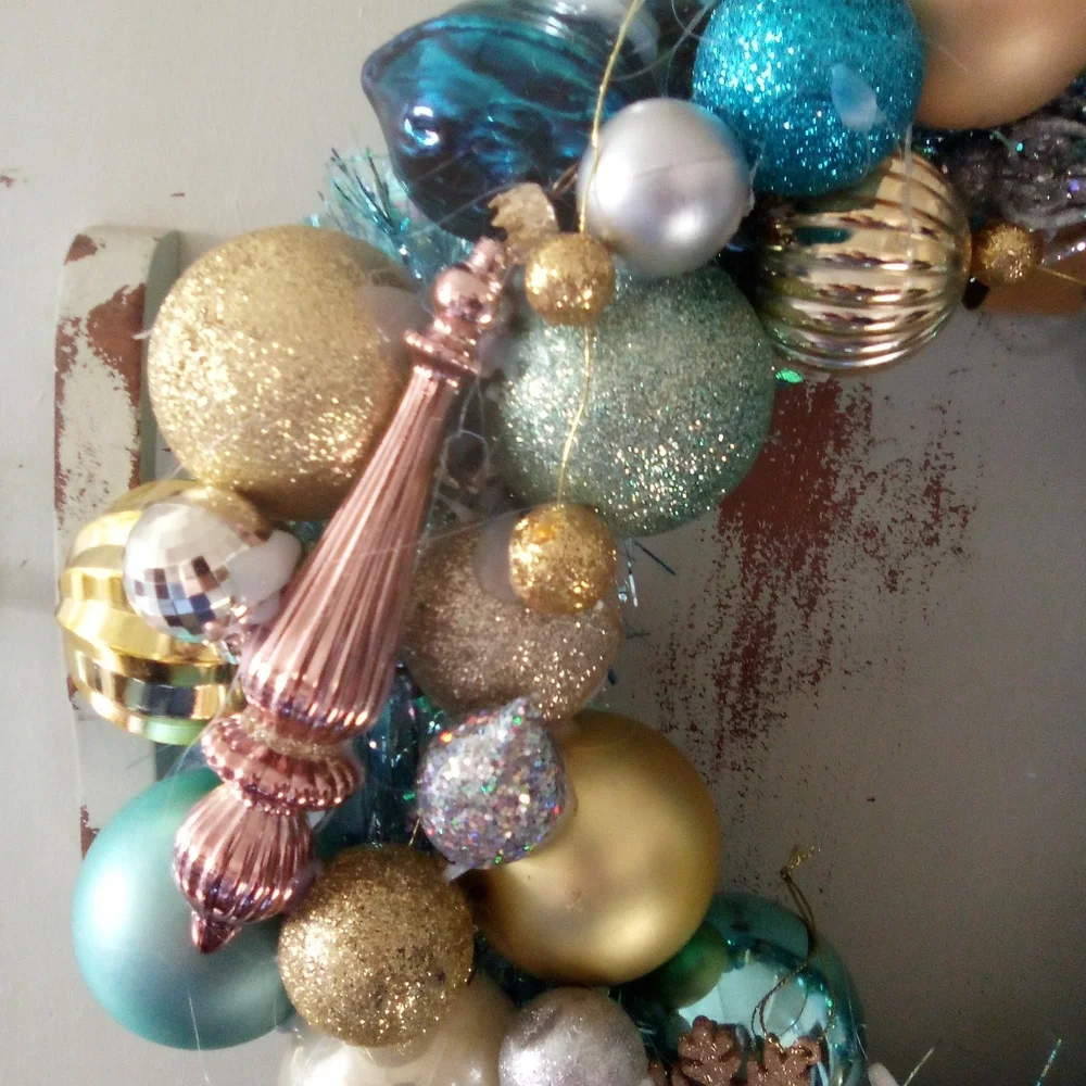 Shabby Blue Silver Gold Vintage Ornaments Holiday Wreath Handmade